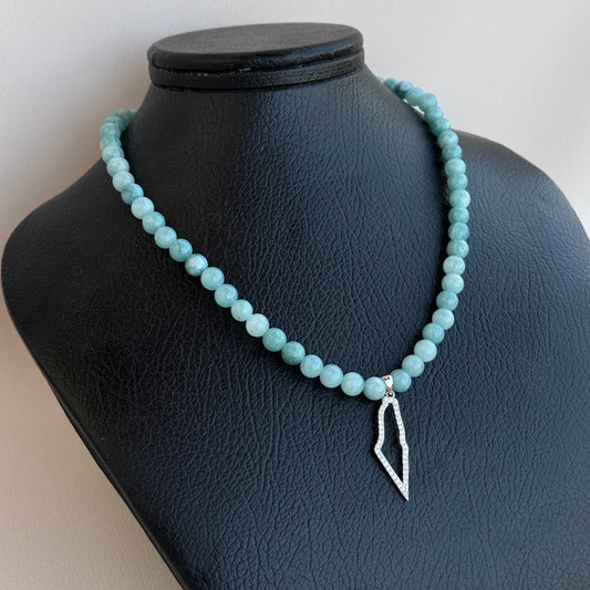 Studded Outlined Palestine Map Aquamarine Necklace
