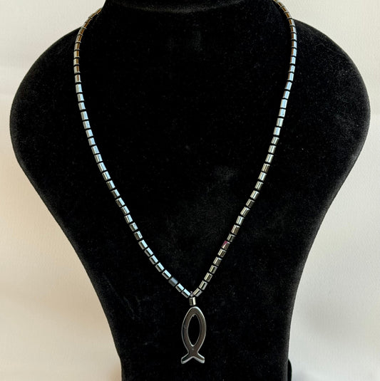 Hematite Jesus Fish Necklace