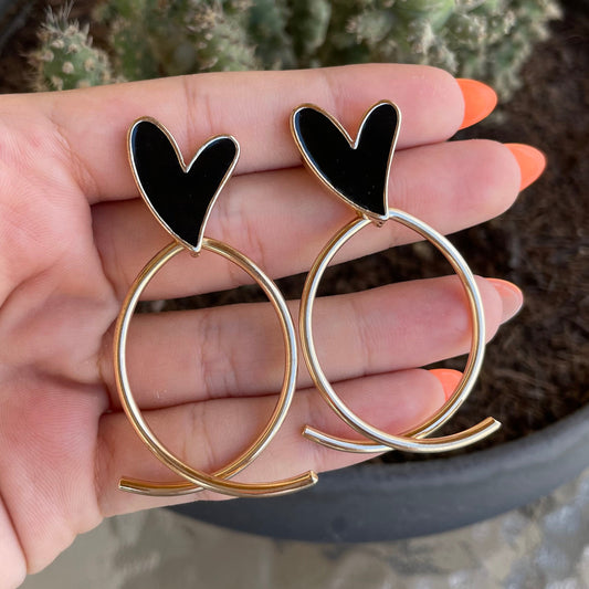 Black Heart Hoop Drop Earrings